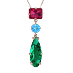 Guana Kolye - Rodolit garnet, akuamarin ve yeşil kuvars 8 ayar rose altın kolye (40 cm rose altın rolo zincir) #es99pa