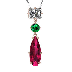 Beyaz zirkon, yeşil kuvars ve rodolit garnet 925 ayar rose altın kaplama gümüş kolye (40 cm gümüş rolo zincir)