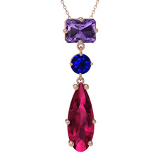 Ametist, lab safir ve rodolit garnet 18 ayar rose altın kolye (40 cm rose altın rolo zincir)