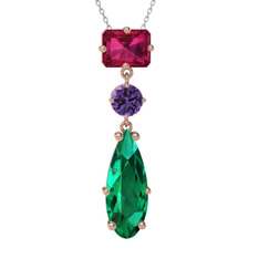 Guana Kolye - Rodolit garnet, ametist ve yeşil kuvars 8 ayar rose altın kolye (40 cm beyaz altın rolo zincir) #f7qk43