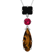 Guana Kolye - Siyah zirkon, rodolit garnet ve dumanlı kuvars 18 ayar beyaz altın kolye (40 cm beyaz altın rolo zincir) #gubtrn