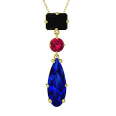 Siyah zirkon, rodolit garnet ve lab safir 8 ayar altın kolye (40 cm altın rolo zincir)
