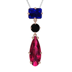 Lab safir, siyah zirkon ve rodolit garnet 8 ayar rose altın kolye (40 cm beyaz altın rolo zincir)