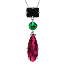 Siyah zirkon, yeşil kuvars ve rodolit garnet 18 ayar beyaz altın kolye (40 cm beyaz altın rolo zincir)