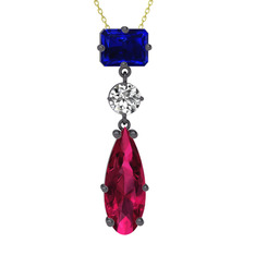 Guana Kolye - Lab safir, beyaz zirkon ve rodolit garnet 925 ayar siyah rodyum kaplama gümüş kolye (40 cm gümüş rolo zincir) #jcingi