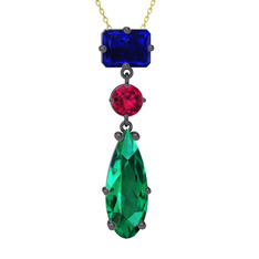 Lab safir, rodolit garnet ve yeşil kuvars 925 ayar siyah rodyum kaplama gümüş kolye (40 cm gümüş rolo zincir)