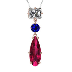 Beyaz zirkon, lab safir ve rodolit garnet 14 ayar rose altın kolye (40 cm beyaz altın rolo zincir)