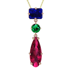 Lab safir, yeşil kuvars ve rodolit garnet 18 ayar rose altın kolye (40 cm altın rolo zincir)