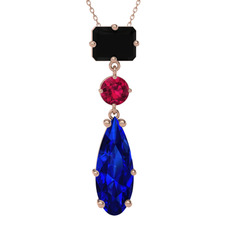 Siyah zirkon, rodolit garnet ve lab safir 8 ayar rose altın kolye (40 cm gümüş rolo zincir)