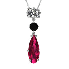 Guana Kolye - Beyaz zirkon, siyah zirkon ve rodolit garnet 14 ayar beyaz altın kolye (40 cm beyaz altın rolo zincir) #l9af1w