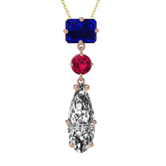 Lab safir, rodolit garnet ve beyaz zirkon 18 ayar rose altın kolye (40 cm gümüş rolo zincir)