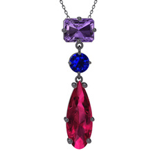 Ametist, lab safir ve rodolit garnet 925 ayar siyah rodyum kaplama gümüş kolye (40 cm gümüş rolo zincir)
