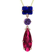 Lab safir, ametist ve rodolit garnet 14 ayar rose altın kolye (40 cm altın rolo zincir)
