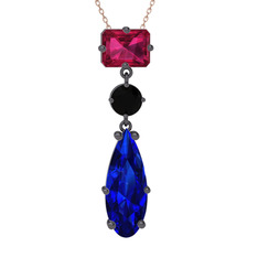 Rodolit garnet, siyah zirkon ve lab safir 925 ayar siyah rodyum kaplama gümüş kolye (40 cm gümüş rolo zincir)