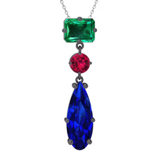 Guana Kolye - Yeşil kuvars, rodolit garnet ve lab safir 925 ayar siyah rodyum kaplama gümüş kolye (40 cm beyaz altın rolo zincir) #nn7oz0