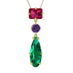 Guana Kolye - Rodolit garnet, ametist ve yeşil kuvars 8 ayar altın kolye (40 cm rose altın rolo zincir) #pa2gcd