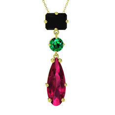 Siyah zirkon, yeşil kuvars ve rodolit garnet 18 ayar altın kolye (40 cm altın rolo zincir)