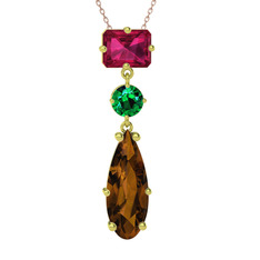 Rodolit garnet, yeşil kuvars ve dumanlı kuvars 18 ayar altın kolye (40 cm rose altın rolo zincir)