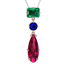 Yeşil kuvars, lab safir ve rodolit garnet 925 ayar rose altın kaplama gümüş kolye (40 cm beyaz altın rolo zincir)