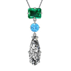 Guana Kolye - Yeşil kuvars, akuamarin ve beyaz zirkon 18 ayar beyaz altın kolye (40 cm gümüş rolo zincir) #saptlz