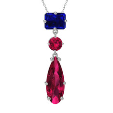 Guana Kolye - Lab safir ve rodolit garnet 14 ayar beyaz altın kolye (40 cm gümüş rolo zincir) #th7f80