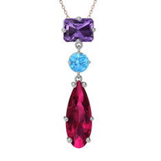 Ametist, akuamarin ve rodolit garnet 14 ayar beyaz altın kolye (40 cm rose altın rolo zincir)