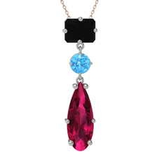 Siyah zirkon, akuamarin ve rodolit garnet 14 ayar beyaz altın kolye (40 cm rose altın rolo zincir)
