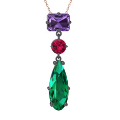 Guana Kolye - Ametist, rodolit garnet ve yeşil kuvars 925 ayar siyah rodyum kaplama gümüş kolye (40 cm rose altın rolo zincir) #uyq2a0