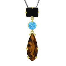 Guana Kolye - Siyah zirkon, akuamarin ve dumanlı kuvars 18 ayar altın kolye (40 cm gümüş rolo zincir) #vnfyv7