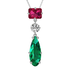 Rodolit garnet, beyaz zirkon ve yeşil kuvars 14 ayar beyaz altın kolye (40 cm gümüş rolo zincir)