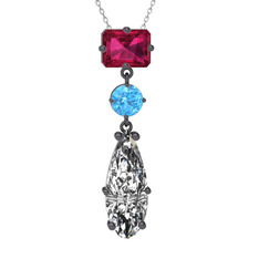 Rodolit garnet, akuamarin ve beyaz zirkon 925 ayar siyah rodyum kaplama gümüş kolye (40 cm beyaz altın rolo zincir)