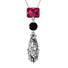 Rodolit garnet, siyah zirkon ve beyaz zirkon 14 ayar beyaz altın kolye (40 cm rose altın rolo zincir)