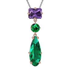 Ametist ve yeşil kuvars 925 ayar rose altın kaplama gümüş kolye (40 cm gümüş rolo zincir)