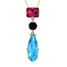 Rodolit garnet, siyah zirkon ve akuamarin 8 ayar rose altın kolye (40 cm altın rolo zincir)