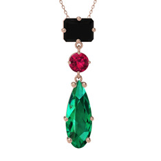 Guana Kolye - Siyah zirkon, rodolit garnet ve yeşil kuvars 18 ayar rose altın kolye (40 cm gümüş rolo zincir) #z2skyx