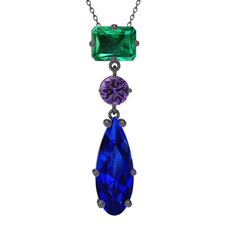 Guana Kolye - Yeşil kuvars, ametist ve lab safir 925 ayar siyah rodyum kaplama gümüş kolye (40 cm gümüş rolo zincir) #ztl68l