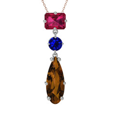 Rodolit garnet, lab safir ve dumanlı kuvars 14 ayar beyaz altın kolye (40 cm rose altın rolo zincir)