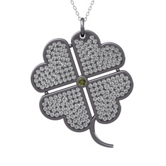 Büyük Yonca Kolye - Peridot ve swarovski 925 ayar siyah rodyum kaplama gümüş kolye (40 cm beyaz altın rolo zincir) #10ira2r