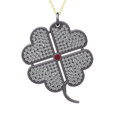 Büyük Yonca Kolye - Kök yakut ve swarovski 925 ayar siyah rodyum kaplama gümüş kolye (40 cm altın rolo zincir) #10zies4