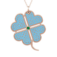 Yeşil kuvars ve akuamarin 14 ayar rose altın kolye (40 cm rose altın rolo zincir)