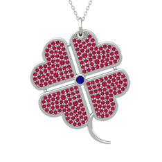 Büyük Yonca Kolye - Lab safir ve rodolit garnet 14 ayar beyaz altın kolye (40 cm beyaz altın rolo zincir) #122ef8d