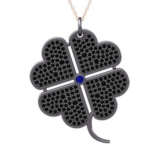 Büyük Yonca Kolye - Lab safir ve siyah zirkon 925 ayar siyah rodyum kaplama gümüş kolye (40 cm rose altın rolo zincir) #1254kv8