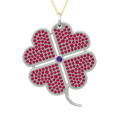 Ametist ve rodolit garnet 8 ayar beyaz altın kolye (40 cm gümüş rolo zincir)