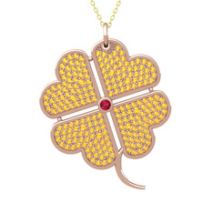 Büyük Yonca Kolye - Rodolit garnet ve sitrin 18 ayar rose altın kolye (40 cm altın rolo zincir) #12x09bj