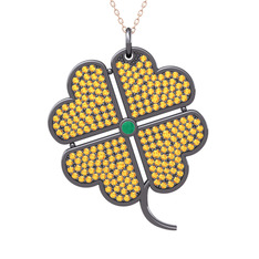 Büyük Yonca Kolye - Kök zümrüt ve sitrin 925 ayar siyah rodyum kaplama gümüş kolye (40 cm rose altın rolo zincir) #13ltasx