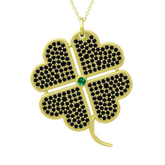 Büyük Yonca Kolye - Yeşil kuvars ve siyah zirkon 8 ayar altın kolye (40 cm gümüş rolo zincir) #13v2jvc