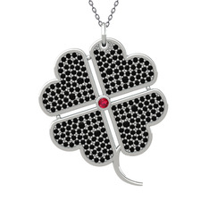 Rodolit garnet ve siyah zirkon 18 ayar beyaz altın kolye (40 cm gümüş rolo zincir)