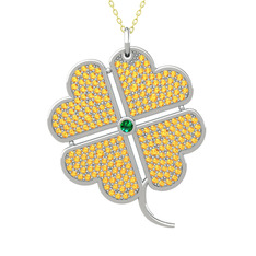 Büyük Yonca Kolye - Yeşil kuvars ve sitrin 14 ayar beyaz altın kolye (40 cm altın rolo zincir) #14er2w5