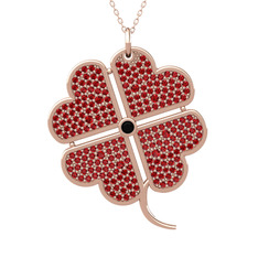 Büyük Yonca Kolye - Siyah zirkon ve garnet 8 ayar rose altın kolye (40 cm rose altın rolo zincir) #14ms5