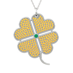 Büyük Yonca Kolye - Kök zümrüt ve sitrin 14 ayar beyaz altın kolye (40 cm gümüş rolo zincir) #14nerax